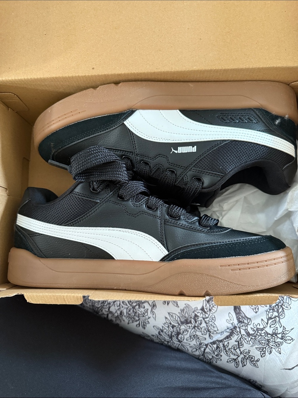 Puma Black White Sneakers with Brown Gum Sole